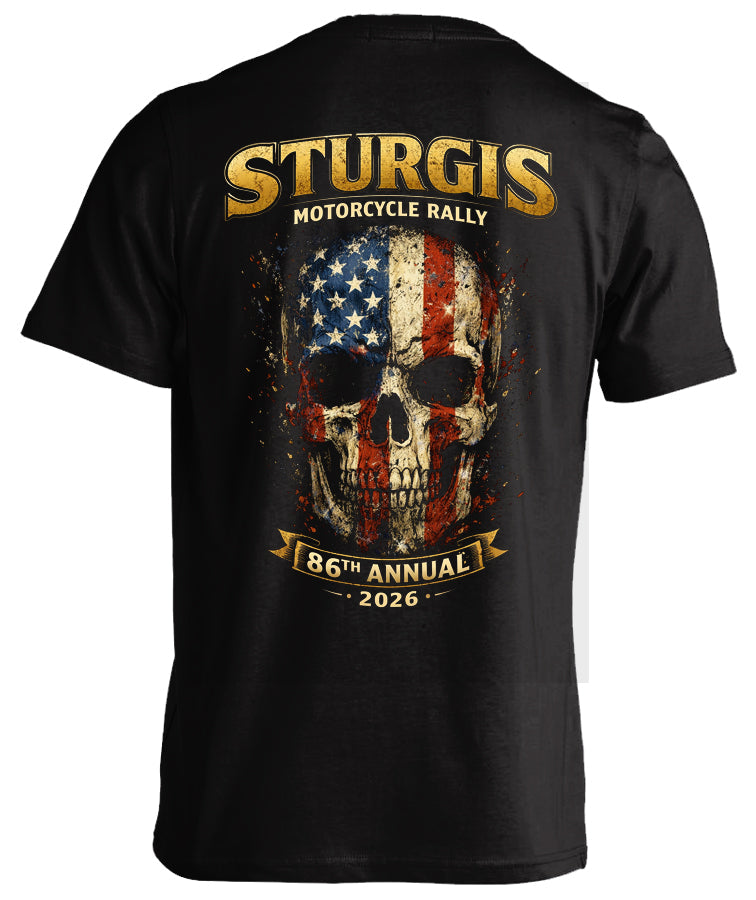 Skull Society 2026 Sturgis American Flag Skull biker t-shirt, the kind of tee you see at every motorcycle rally