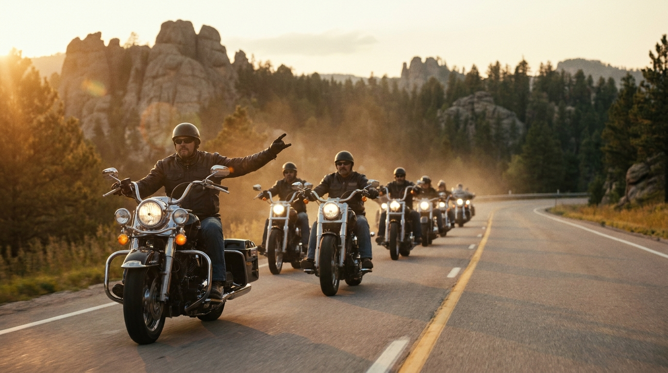 Group of motorcyclists riding in staggered formation at golden hour, lead rider giving a hand signal