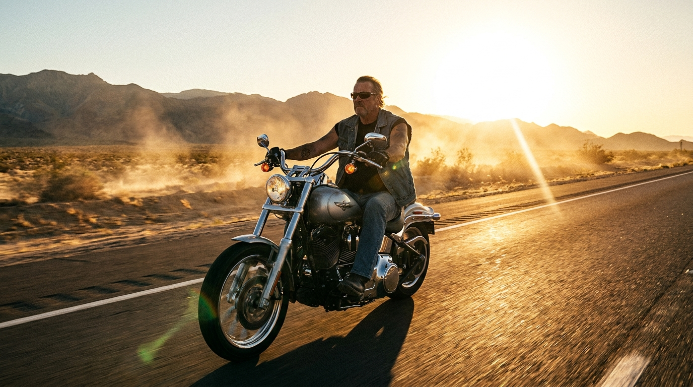 Biker riding a chrome cruiser down a sun-baked desert highway in summer heat