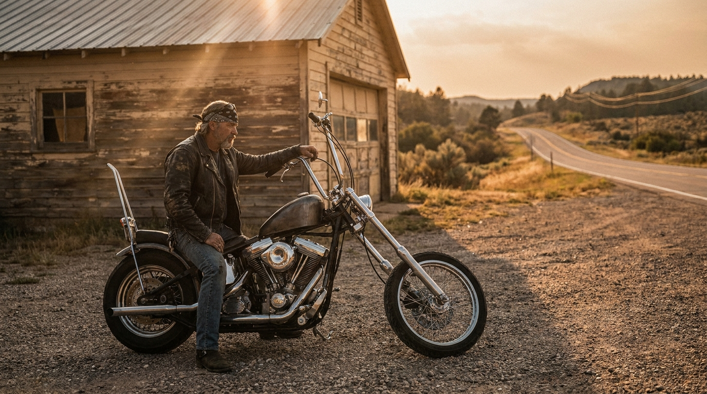 Biker in a leather jacket leaning on a custom chopper with ape hanger handlebars outside a roadside garage at golden hour