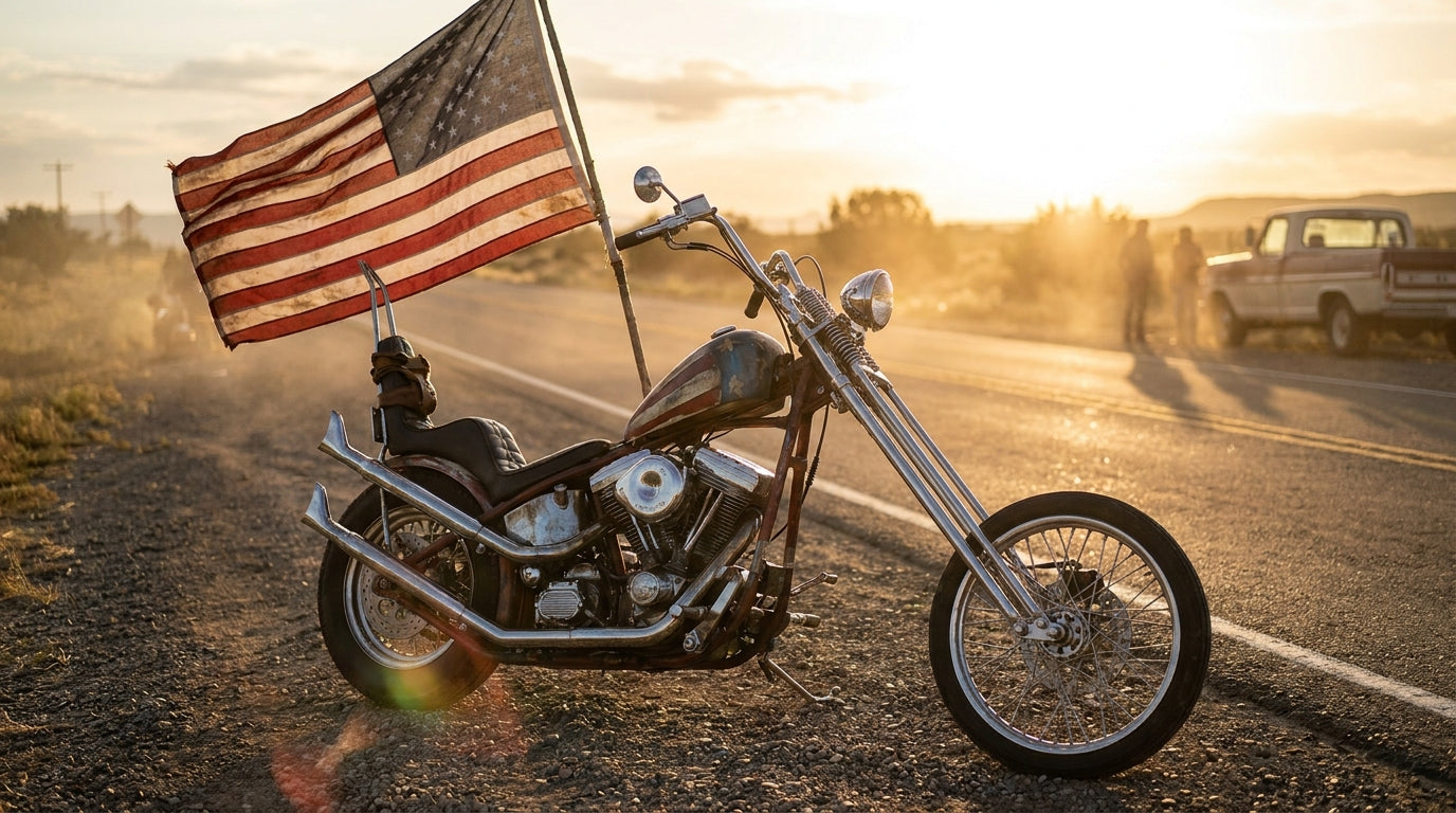 Custom American chopper motorcycle parked on an open highway at golden hour with a large American flag waving, Fourth of July biker mood