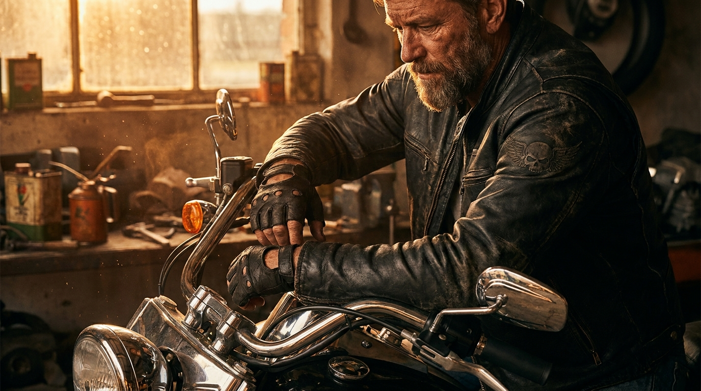 Weathered biker in black leather beside a chrome cruiser in a dim garage at golden hour, Black Hills outlaw mood
