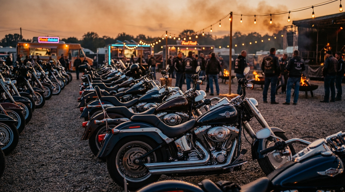 Rows of cruiser motorcycles parked at a bike night gathering at dusk with warm lights reflecting off chrome