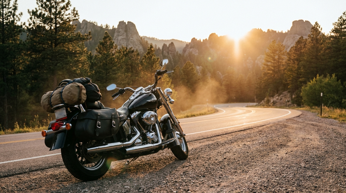 Loaded cruiser motorcycle with packed saddlebags on a Black Hills highway at golden hour before the 2026 Sturgis Rally