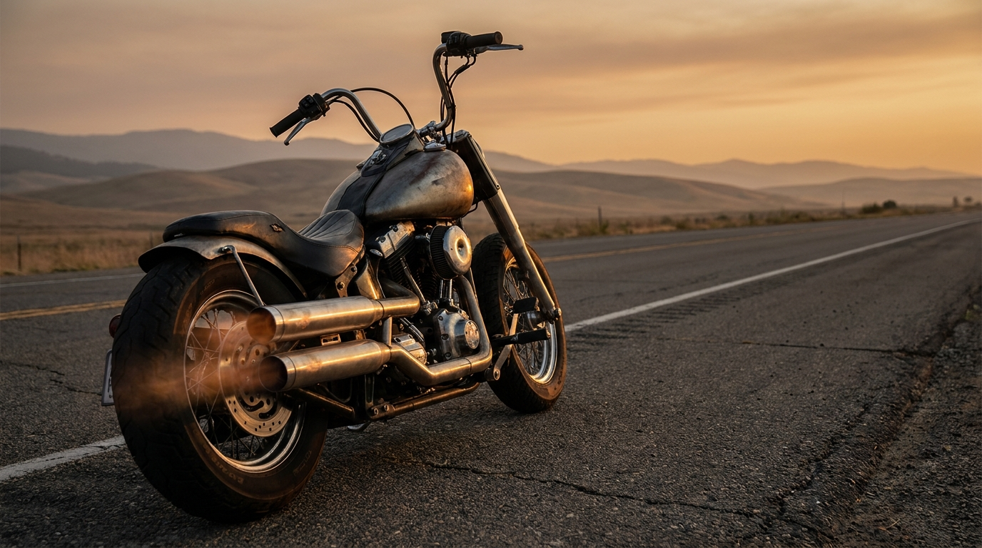 Vintage bobber motorcycle with chrome exhaust pipes parked on an open highway at golden hour
