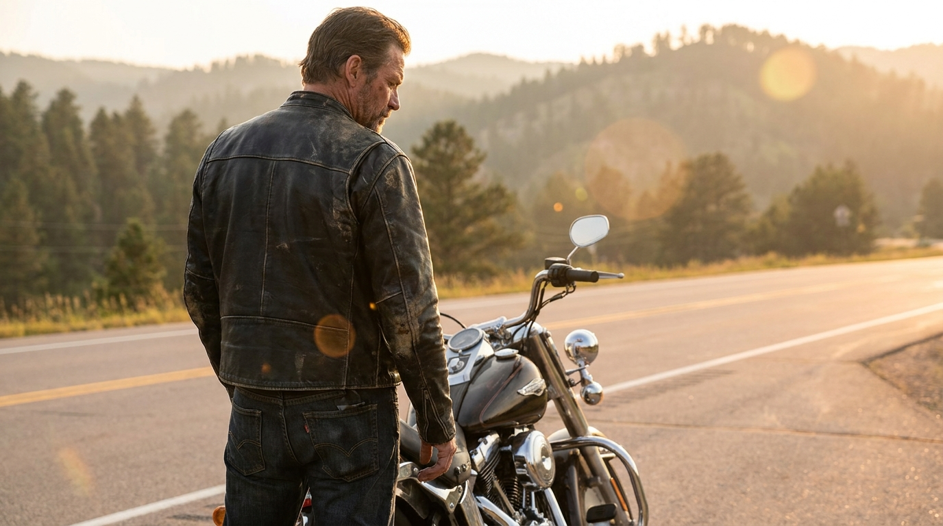 Biker in a classic black leather motorcycle jacket standing beside a cruiser on an open highway at golden hour
