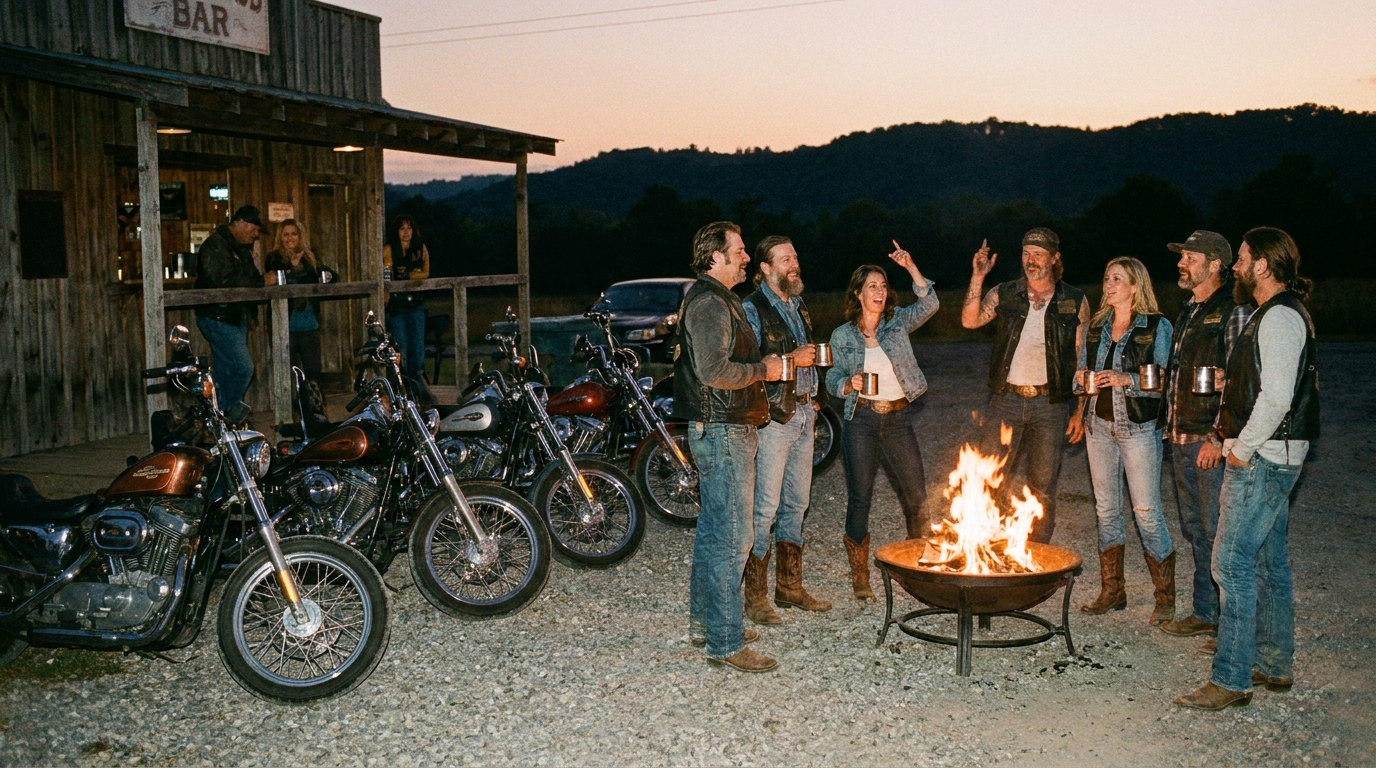 Bikers swapping stories around a campfire at dusk with cruiser motorcycles parked outside a roadside bar