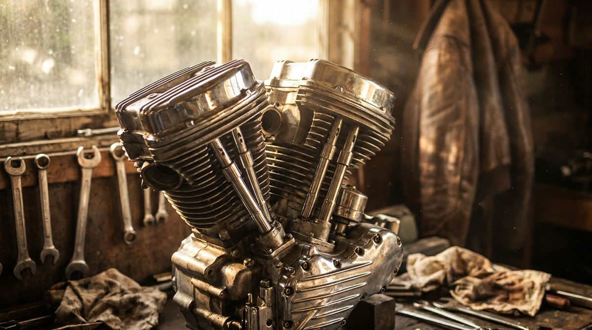 American V-twin motorcycle engine with chrome rocker covers in a warmly lit garage, Harley-Davidson Bagger World Cup