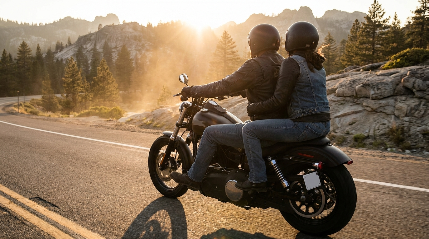 Couple riding two-up on a cruiser motorcycle through the Black Hills at golden hour