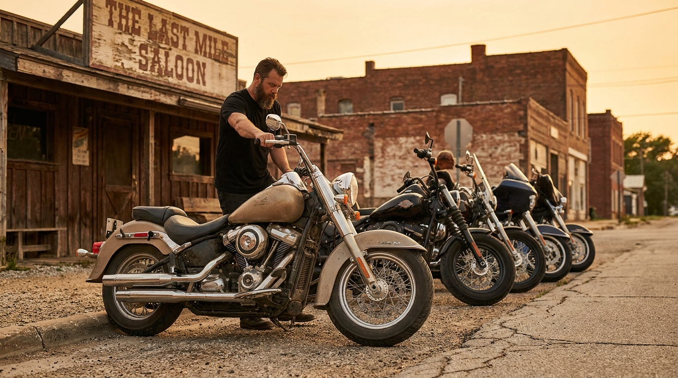 Row of motorcycles backed into parking spots outside a roadside biker bar at sunset