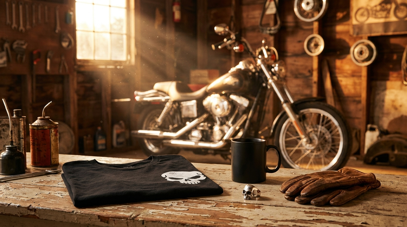 Biker gifts on a garage workbench: black skull t-shirt, coffee mug, skull ring and leather gloves in front of a cruiser motorcycle