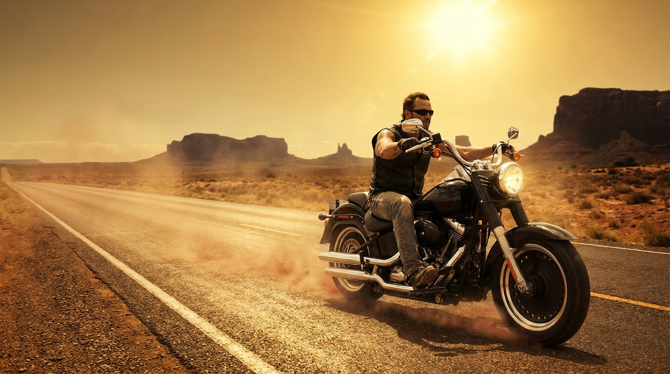 Biker riding a cruiser motorcycle down a sun-scorched desert highway in extreme summer heat