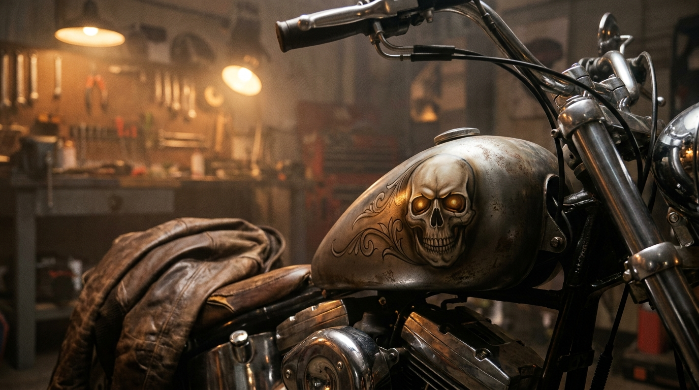 Custom motorcycle fuel tank with hand-painted skull design in a dimly lit garage