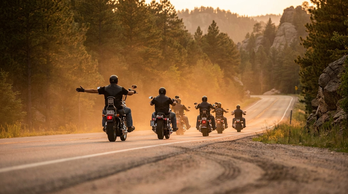 Pack of motorcyclists riding in staggered formation through the Black Hills, lead rider giving a hand signal