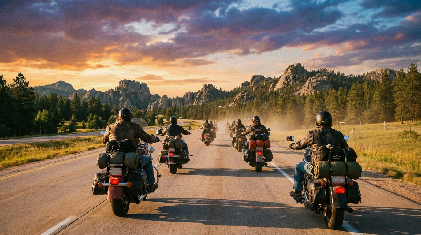 Bikers riding loaded Harleys toward the Black Hills for the Sturgis 2026 rally