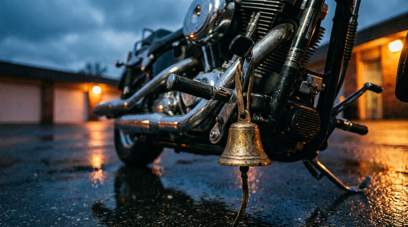 Close-up of a small brass guardian bell hanging from the lower frame of a black cruiser motorcycle above wet asphalt, illustrating the gremlin bell biker tradition