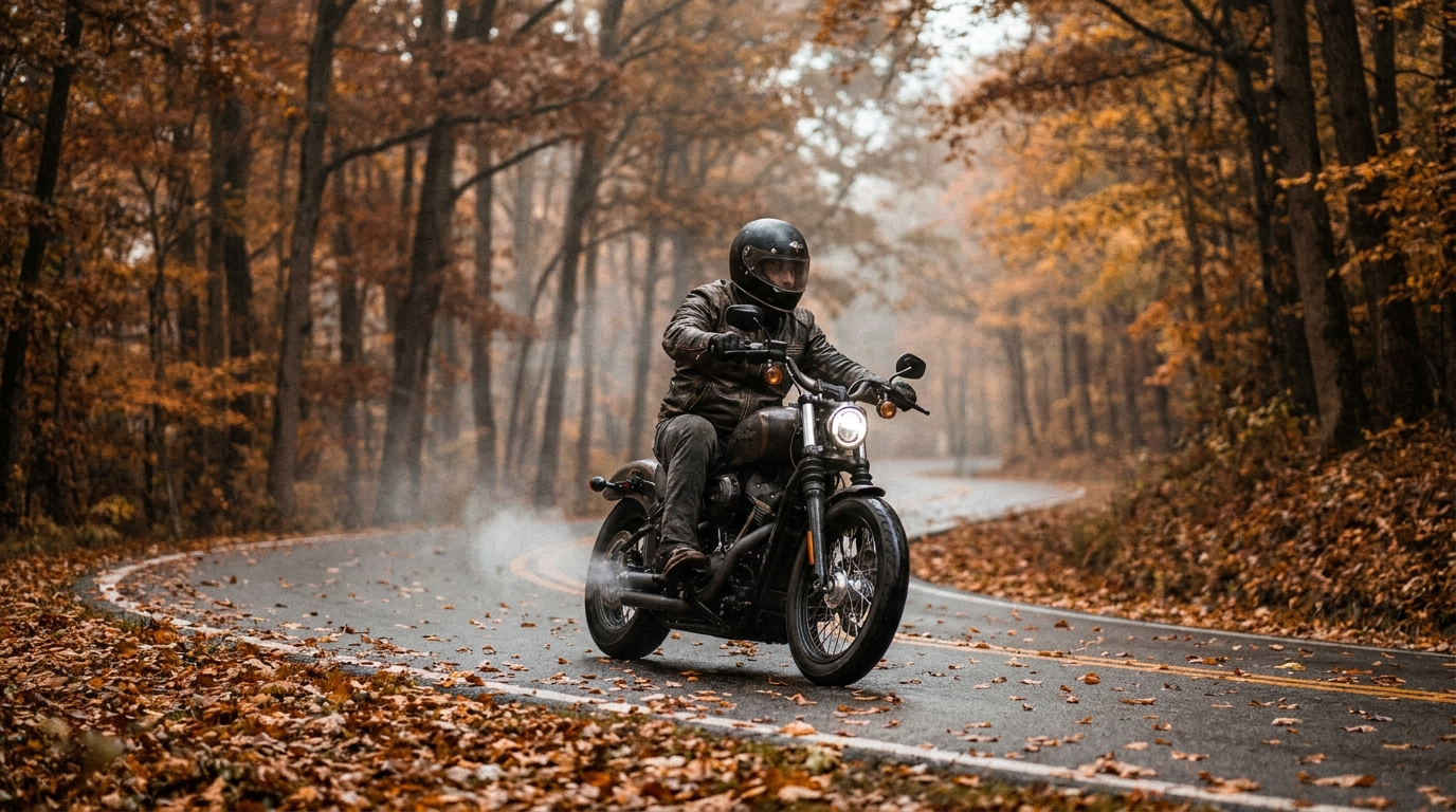 Lone rider on a blacked-out cruiser motorcycle on a winding two-lane road through foggy autumn forest, wet fallen leaves on the asphalt, illustrating fall motorcycle riding tips