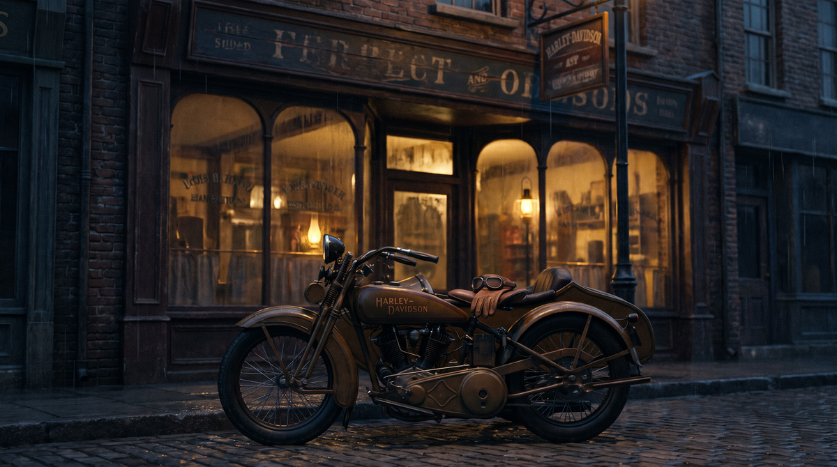 Vintage 1920s Harley-Davidson motorcycle with sidecar parked outside an early motorcycle dealership at dusk, riding gloves and goggles on the saddle, illustrating the era of Lilly Farrow and A.D. Farrow Co.