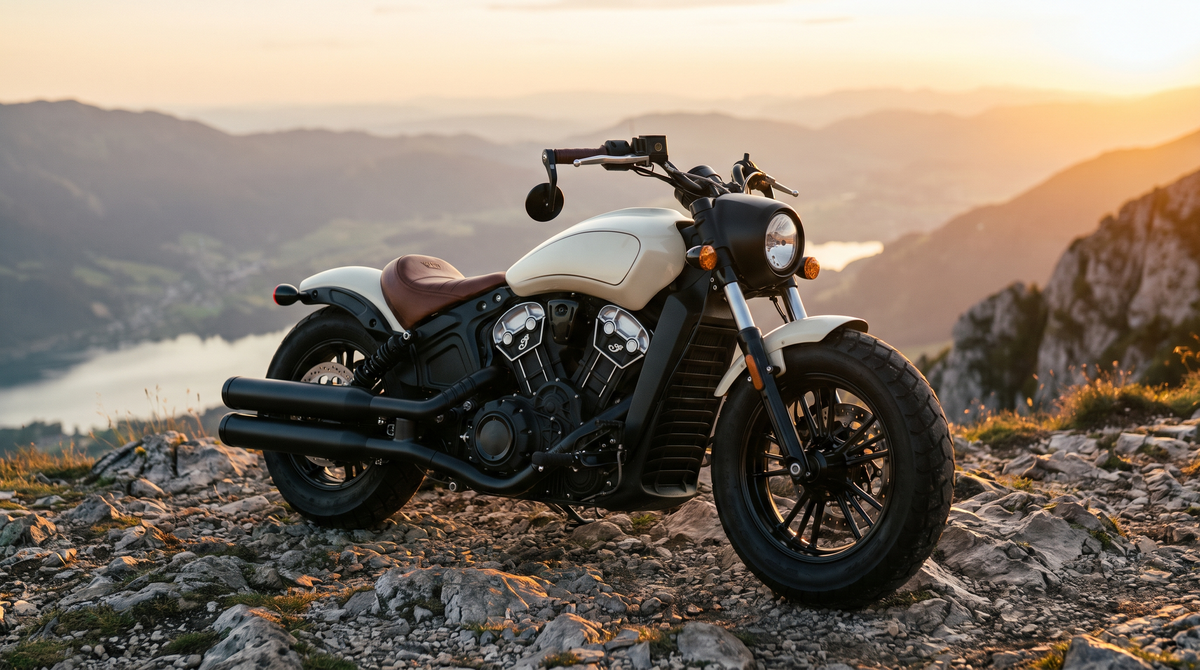 Cream and black V4 cruiser motorcycle with brown leather seat parked on a mountain overlook at sunset, illustrating the Benda Dark Flag 950 vs Harley-Davidson Fat Boy question