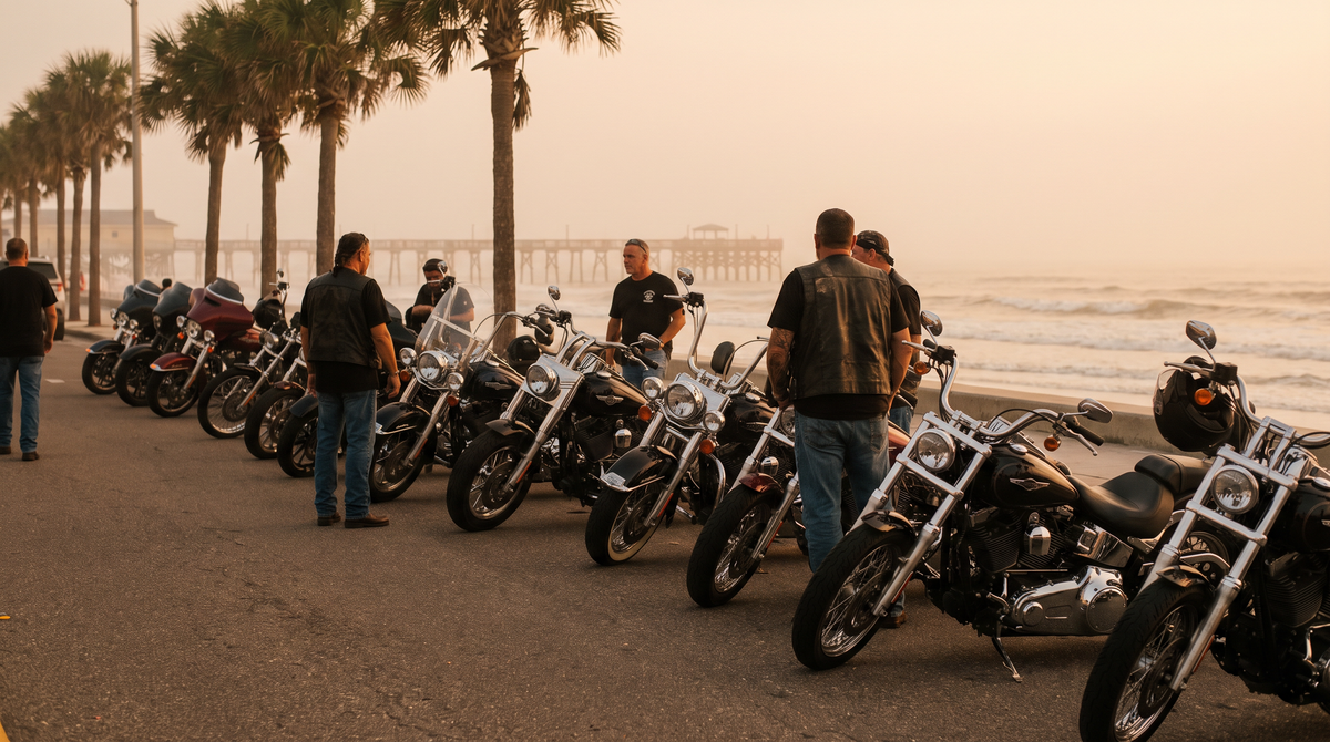 Cruiser motorcycles parked along a palm-lined Daytona Beach street at golden hour during Biketoberfest