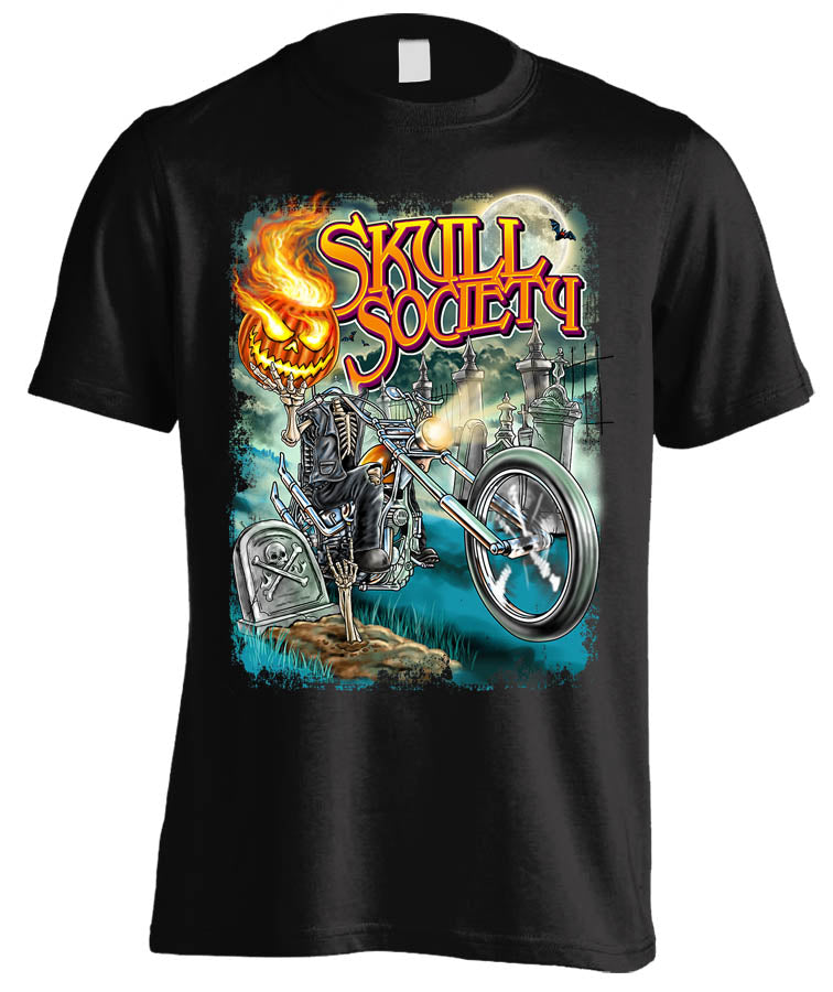Pumpkin Head Halloween biker t-shirt by Skull Society