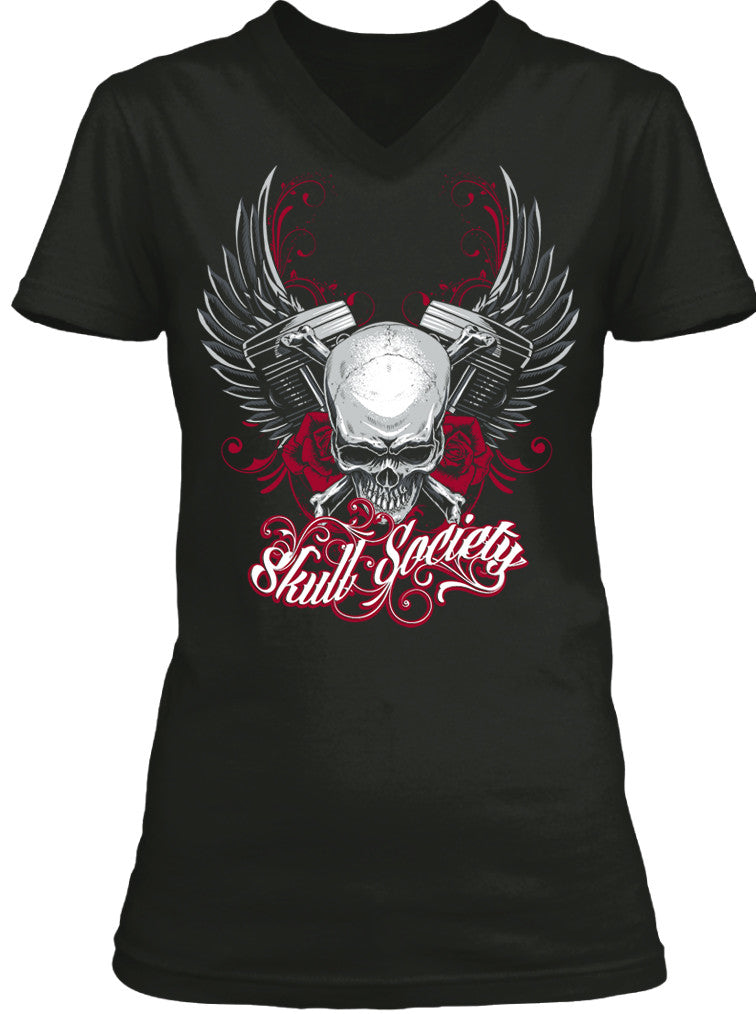 Steel Roses skull and wings ladies biker t-shirt, a top gift for women who ride motorcycles