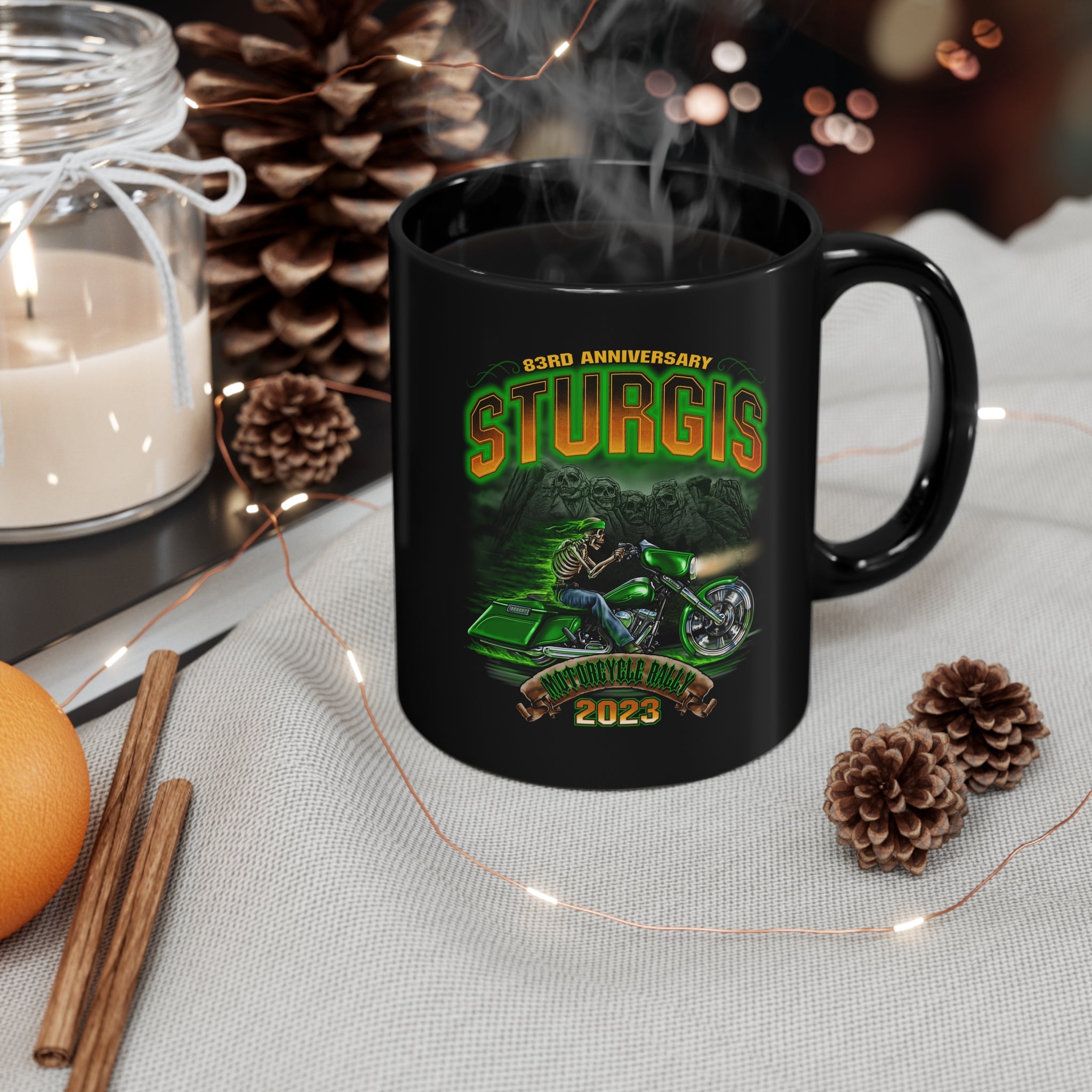 2023 Sturgis Motorcycle Rally Green Skeleton Black Ceramic Mug - 11oz