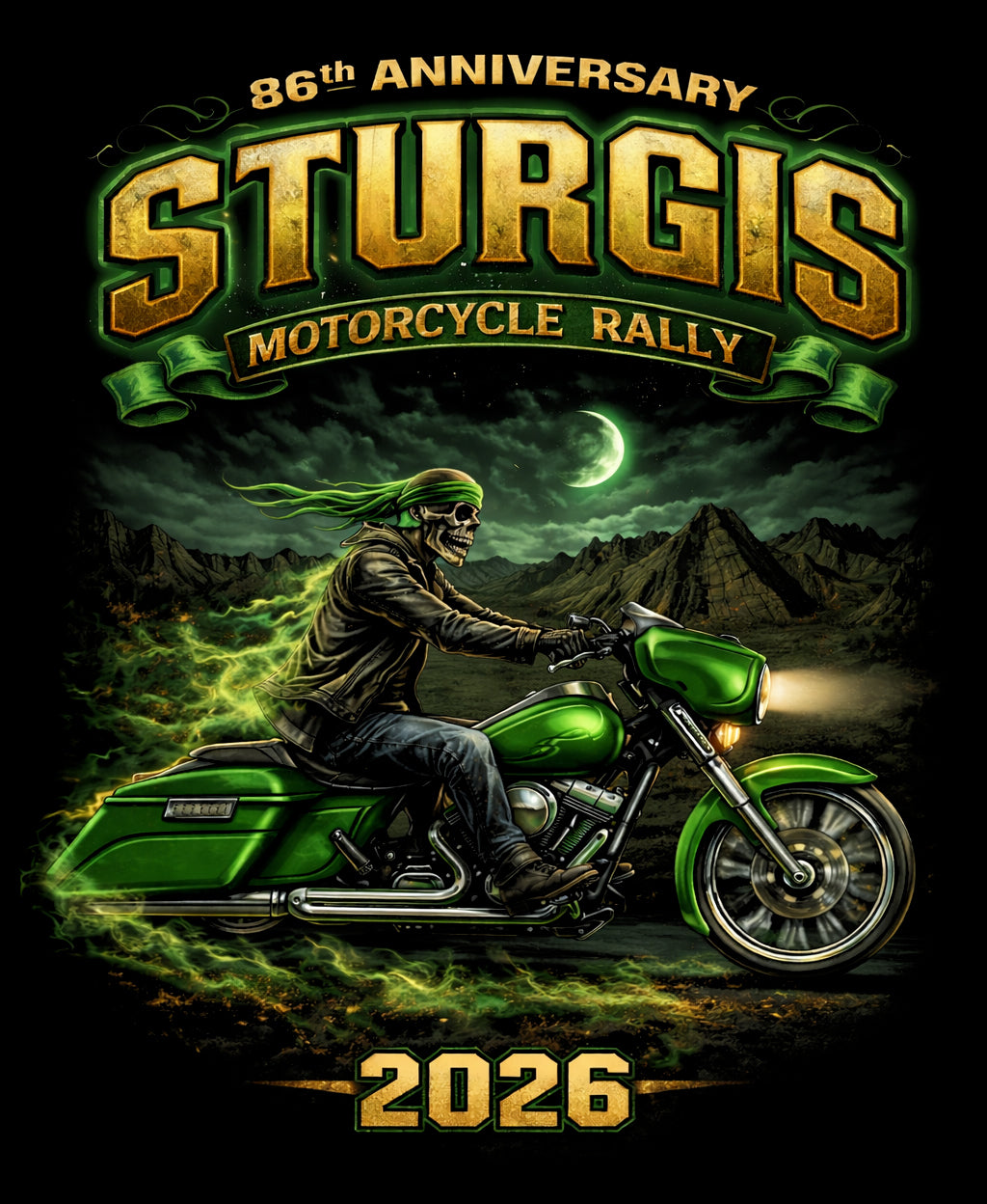 2026 Sturgis Motorcycle Rally Green Skeleton Rider - 86th Anniversary