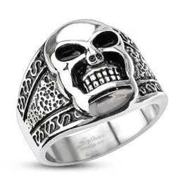 Stainless Steel Tribal Decorated Skull Wide Band Ring