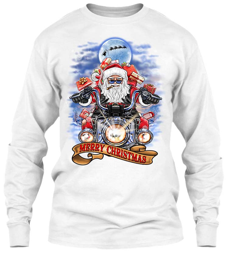 Biker Santa's Motorcycle Ugly Christmas T-shirt (Front Print)