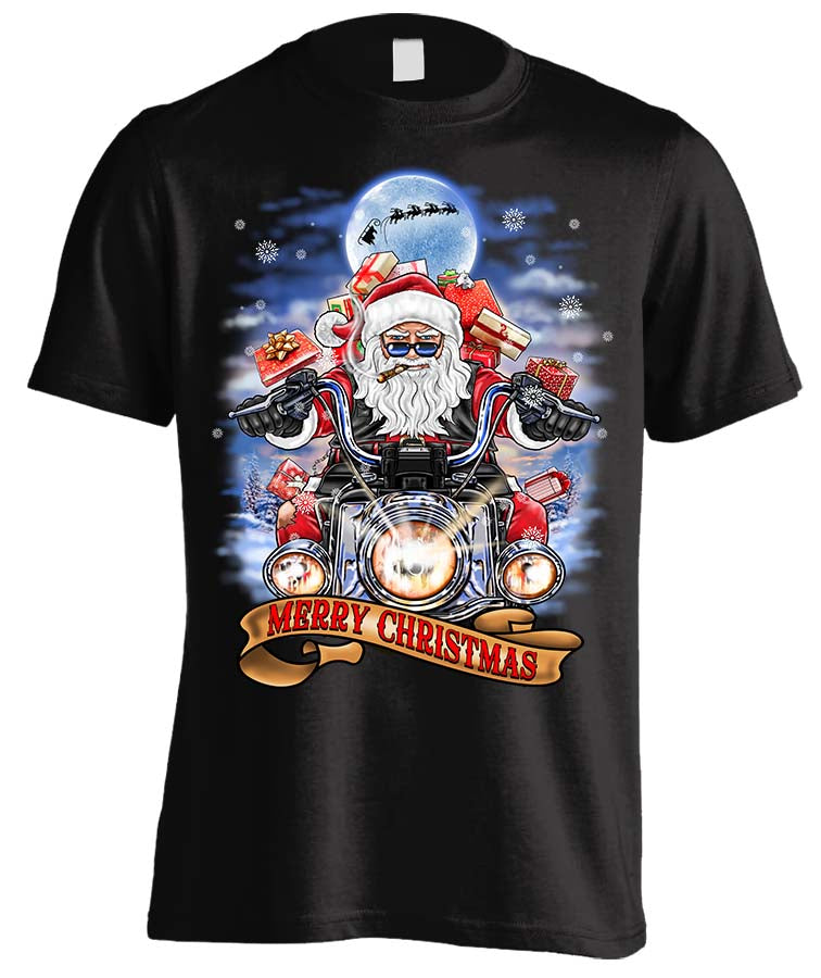 Biker Santa's Motorcycle Ugly Christmas T-shirt (Front Print)