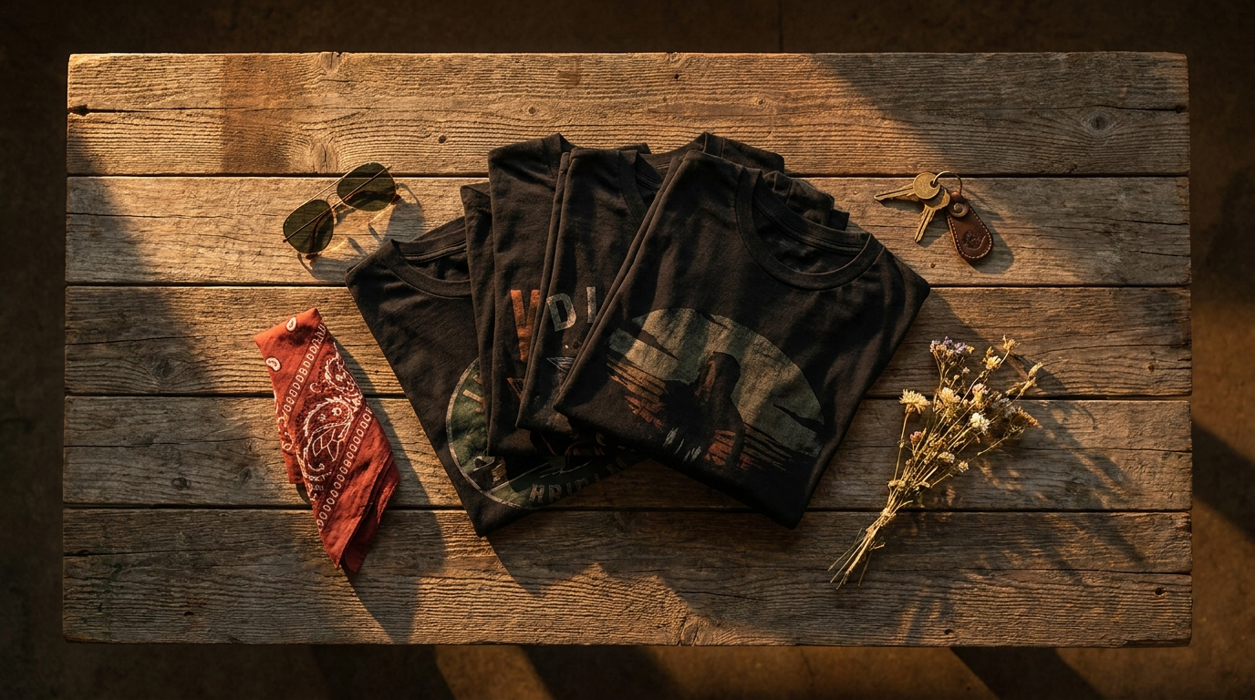 Stack of black 2026 Sturgis 86th Anniversary rally t-shirts with biker accessories at golden hour