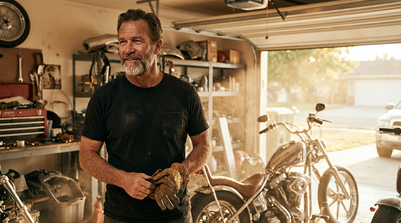 Biker dad in a black t-shirt beside his motorcycle in a sunlit garage, Father's Day gift guide