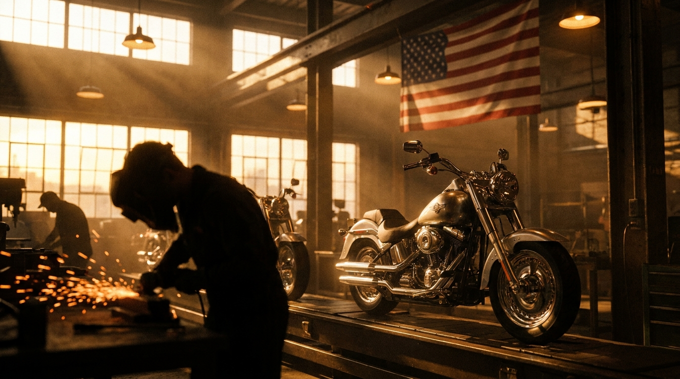 Gleaming American V-twin motorcycle on a US factory assembly line with an American flag in the background