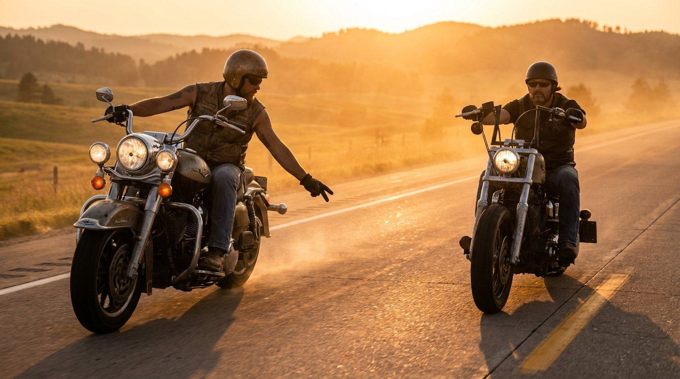Two bikers on cruiser motorcycles exchanging the low two-finger biker wave on an open highway at golden hour