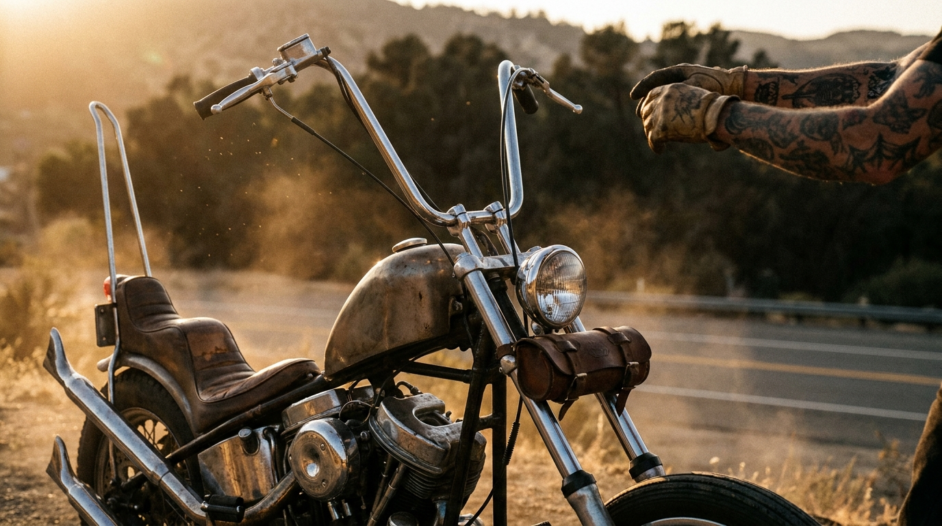 Custom chopper motorcycle with tall ape hanger handlebars gleaming in golden-hour sunlight on an open road