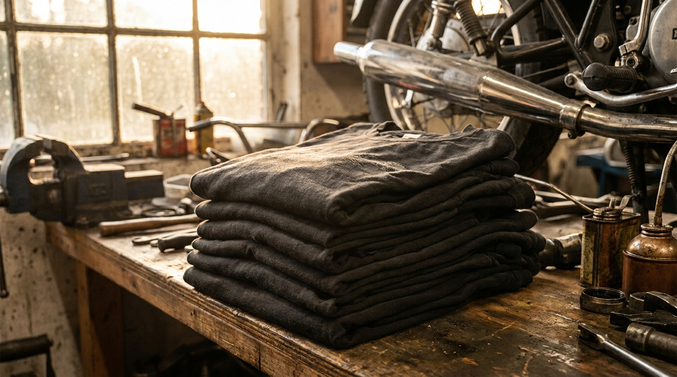 Stack of folded black biker graphic t-shirts on a garage workbench beside a chrome motorcycle in warm morning light