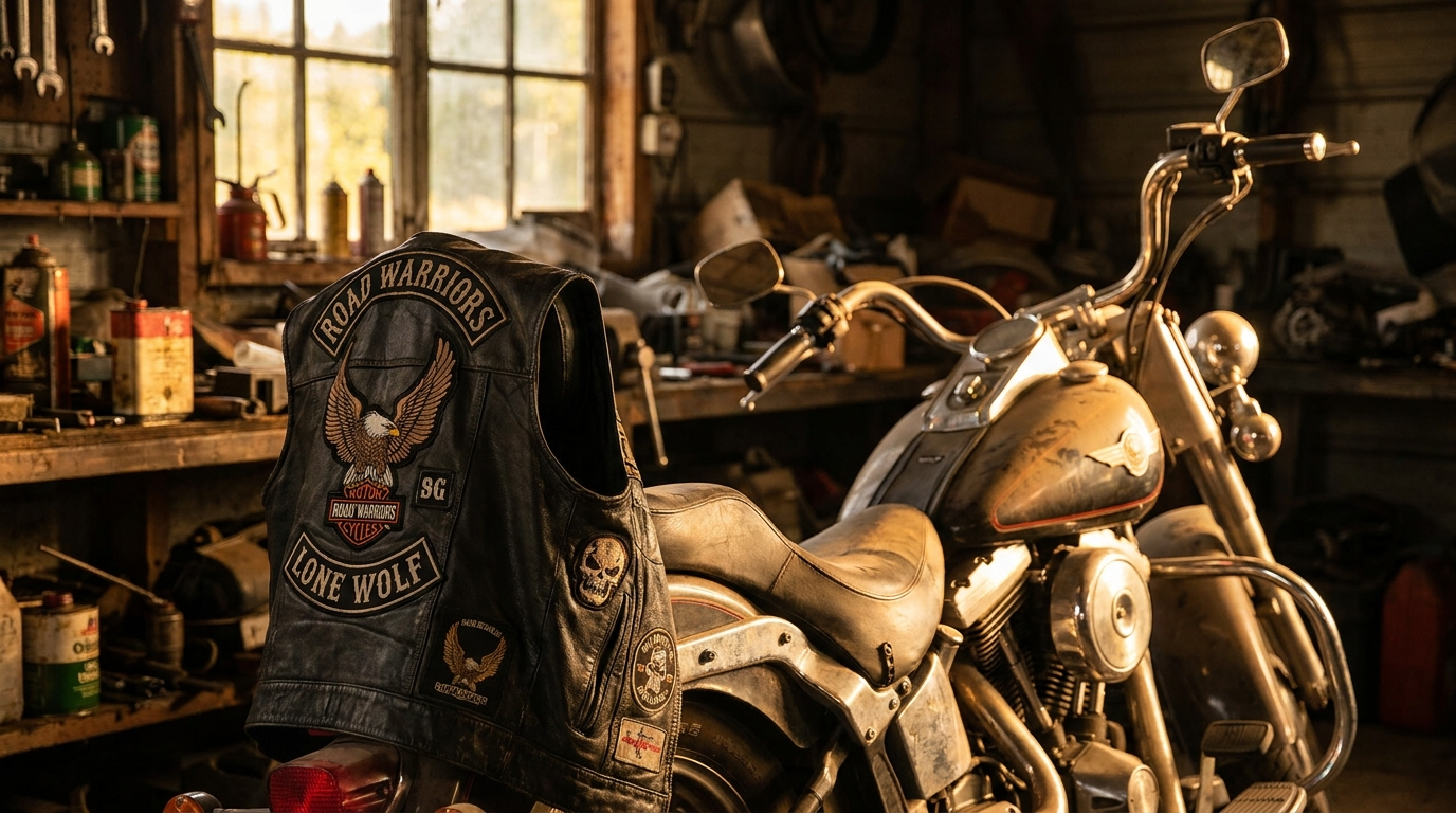 Black leather biker vest covered in embroidered patches draped over a cruiser motorcycle in a warm garage at golden hour