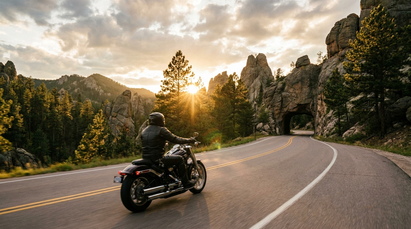 Motorcycle riding through a granite canyon road in the Black Hills of South Dakota at golden hour