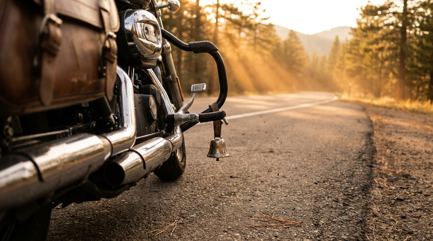 Silver gremlin bell hanging from the frame of a black cruiser motorcycle parked on a Black Hills highway at golden hour