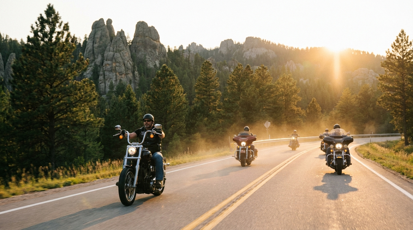 Motorcycles riding a winding Black Hills highway at golden hour on the way to the 2026 Sturgis Motorcycle Rally