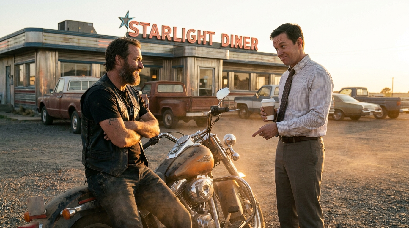 Biker in a black t-shirt leaning on his cruiser motorcycle outside a diner while a curious non-rider asks him questions