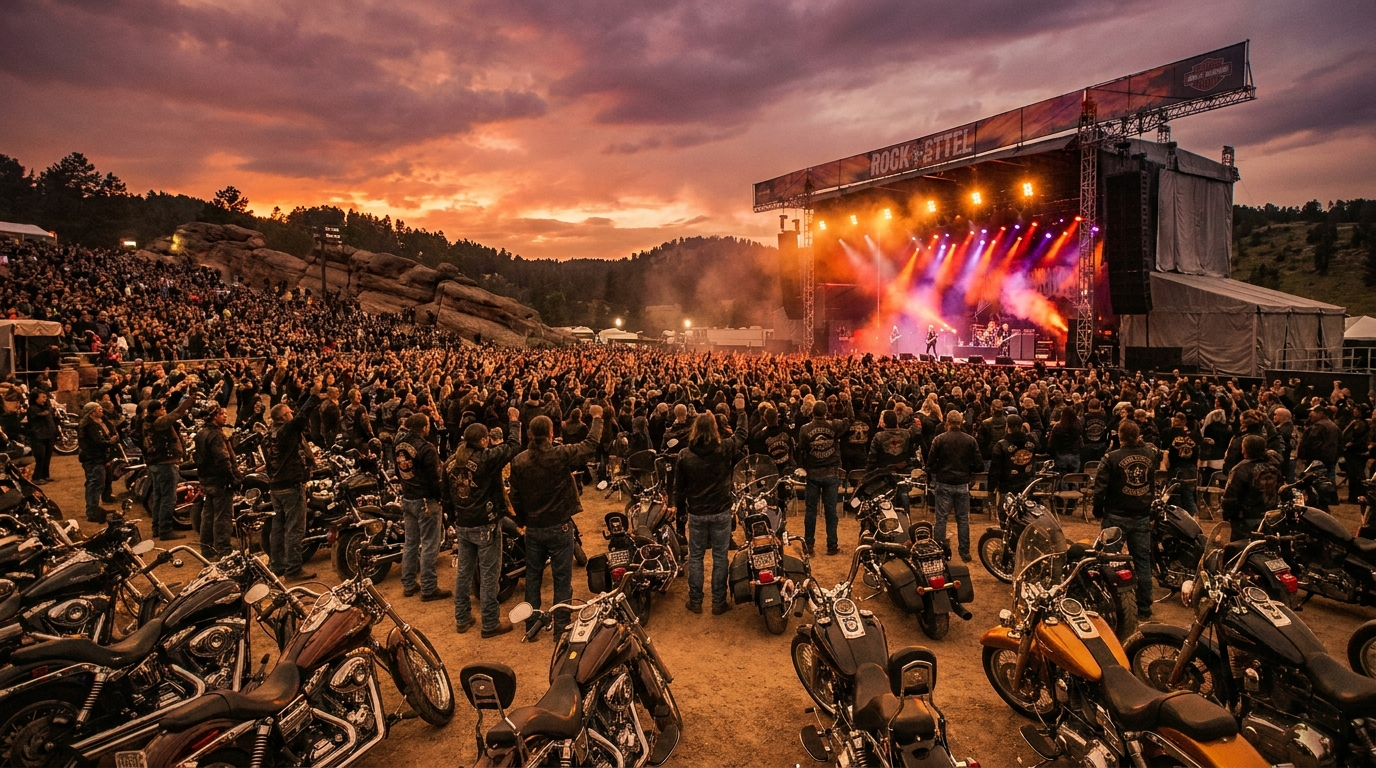 Crowd of bikers and parked motorcycles at an outdoor rally concert at dusk in the Black Hills near Sturgis