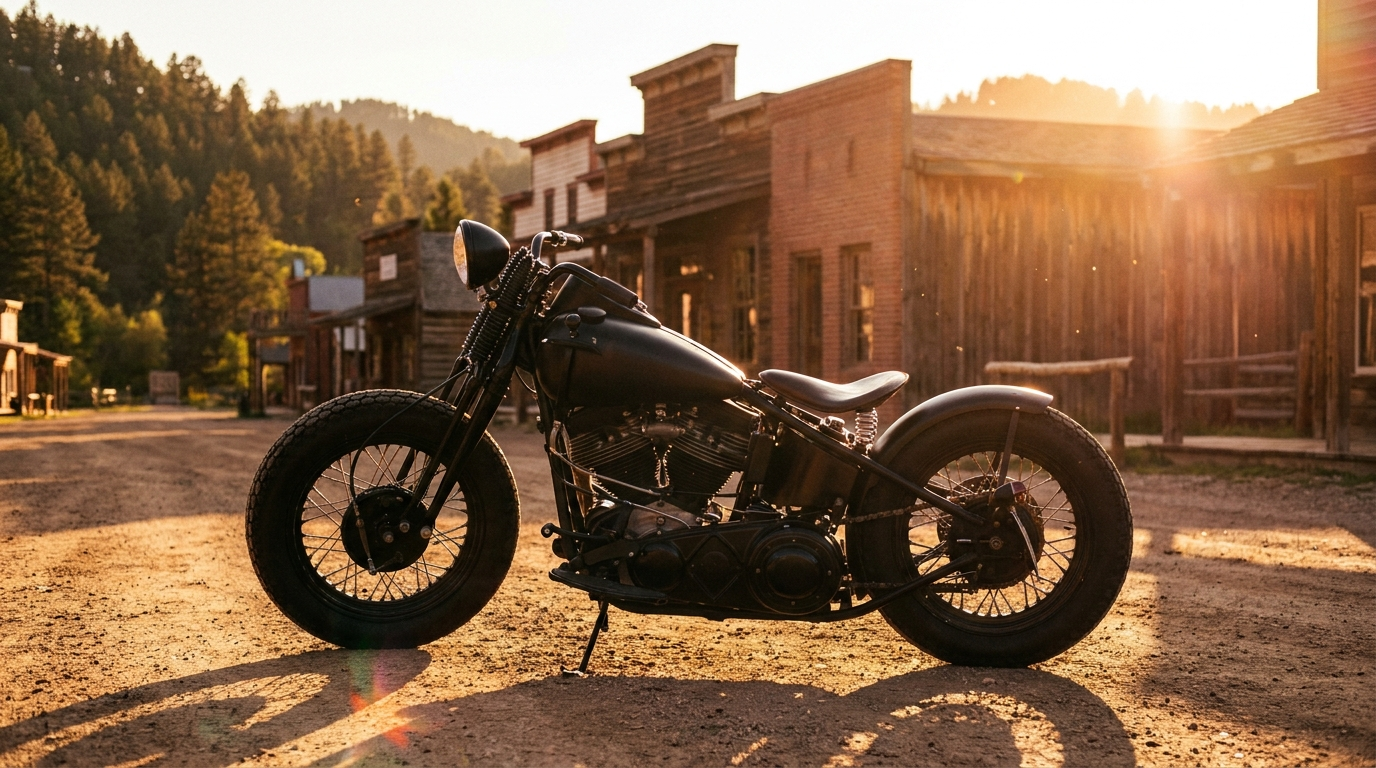 Blacked-out bobber motorcycle parked on a historic Old West main street at golden hour in the Black Hills, evoking the 2026 Harley-Davidson Deadwood