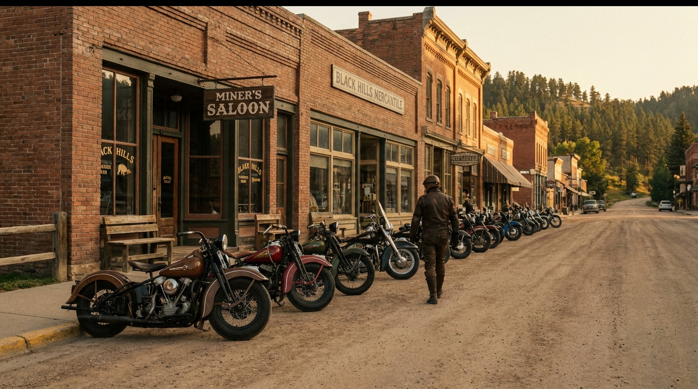 Vintage motorcycles parked on a dusty Black Hills main street at golden hour, evoking the first Sturgis rally in 1938