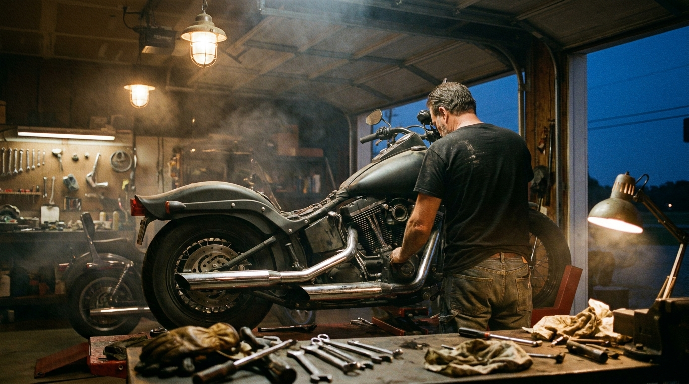 Biker in a black t-shirt working on a cruiser motorcycle in a warmly lit garage at dusk