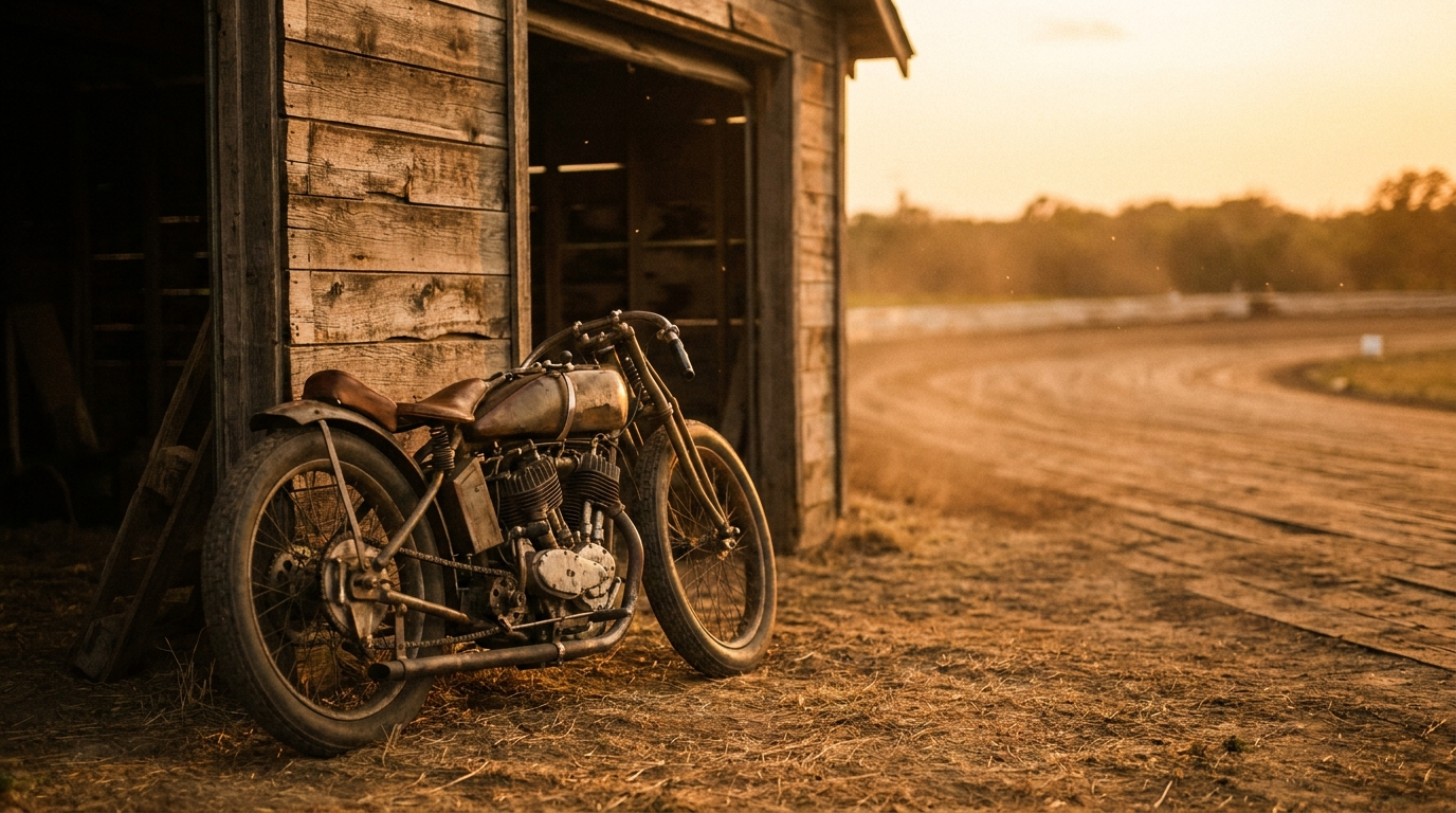 Vintage 1920s board track racing motorcycle outside a wooden garage at golden hour