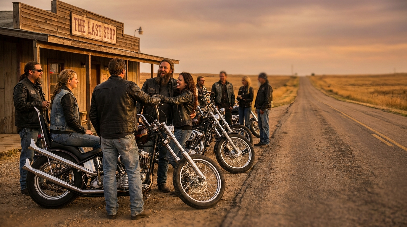 Bikers in leather jackets talking beside their motorcycles outside a roadside bar at sunset