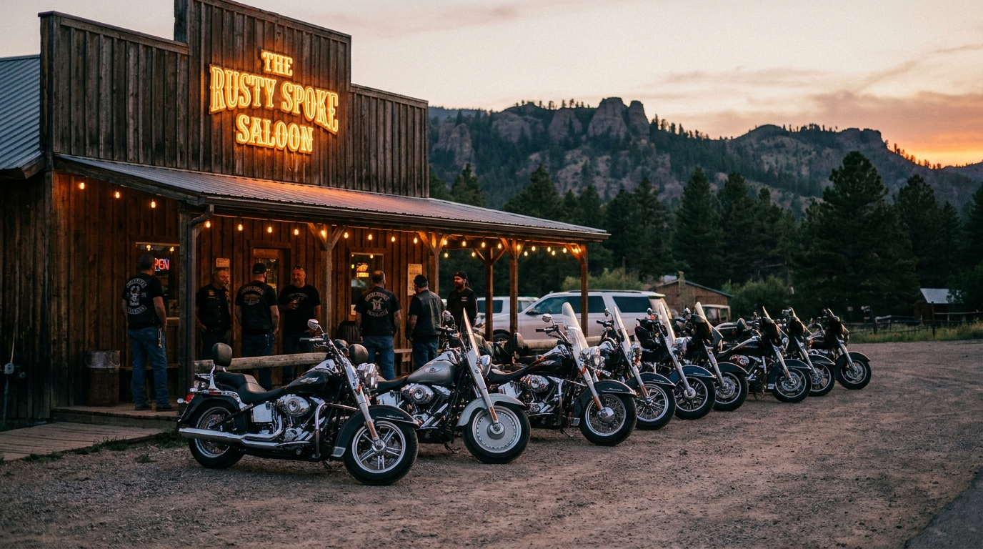 Chrome motorcycles parked outside a roadside biker bar at dusk with riders on the porch