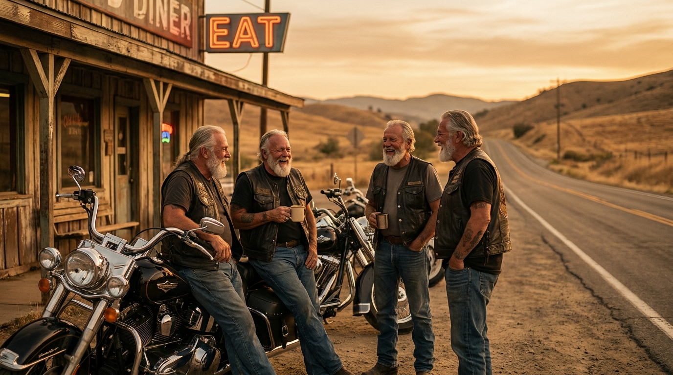 Group of bikers laughing outside a roadside diner at sunset with cruiser motorcycles parked along the highway